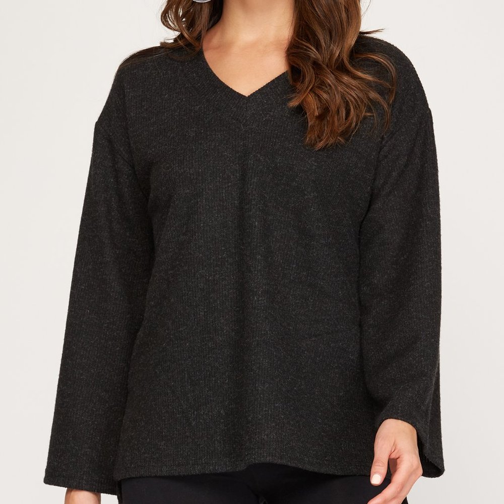 NWT She + Sky Rib Knit V-neck Sweater in Charcoal